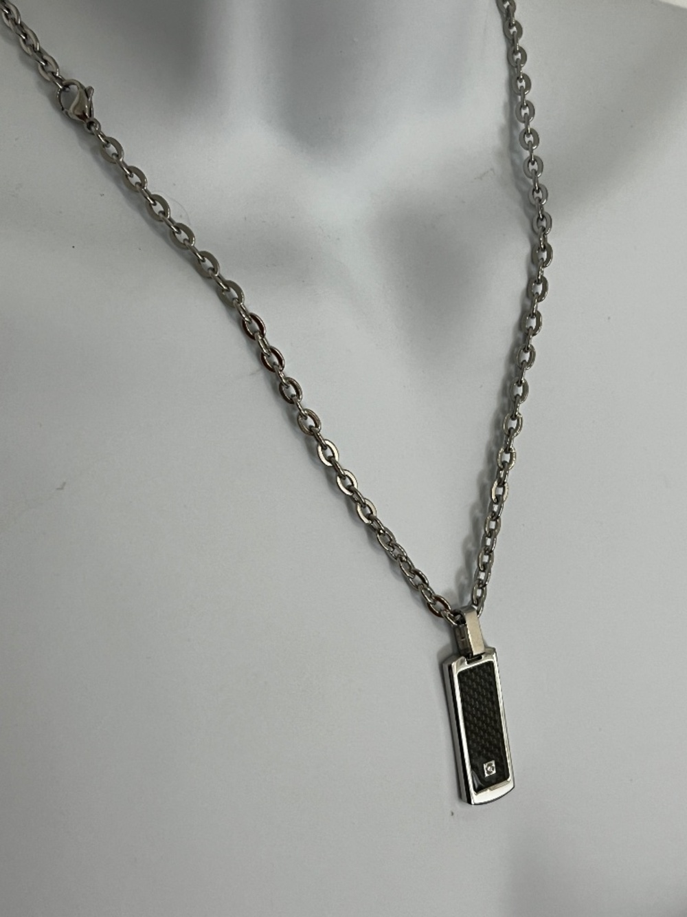 Diamond & Carbon Stainless Steel Dog Tag Necklace
